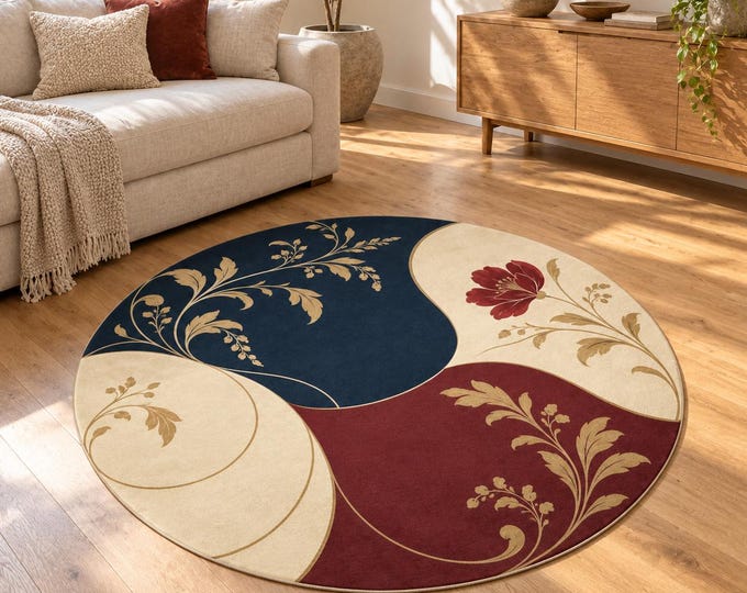 Navy Burgundy Botanical Swirls Round Rug, Digital Print, Living Room Decor, Decorative Floor Accent