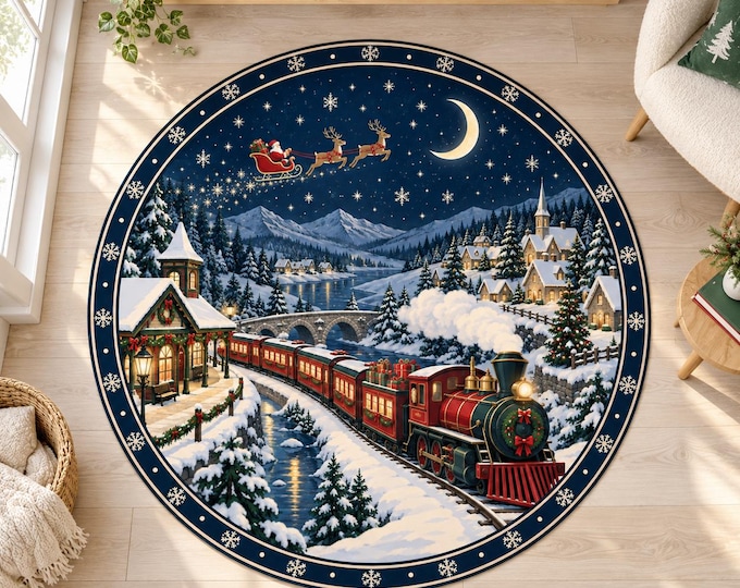 Christmas Train Rug, Round Navy Digital Print with Steam Locomotive for Festive Living Rooms