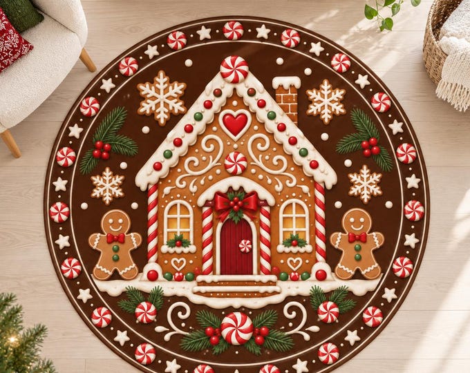 Gingerbread Rug, Round Cocoa Brown Digital Print with Candy House for Festive Living Rooms