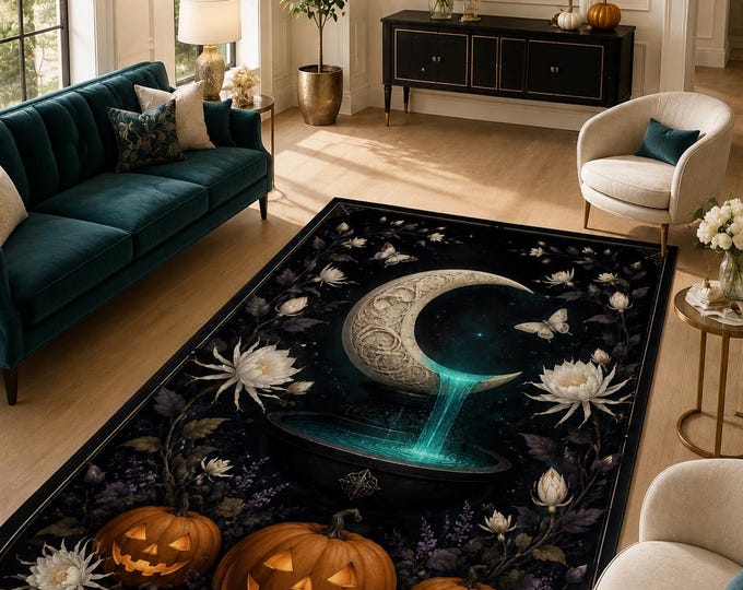 Crescent Moon Rug, Turquoise Fountain Butterfly Carpet for Boho Bedroom Botanical Home Decor Gift