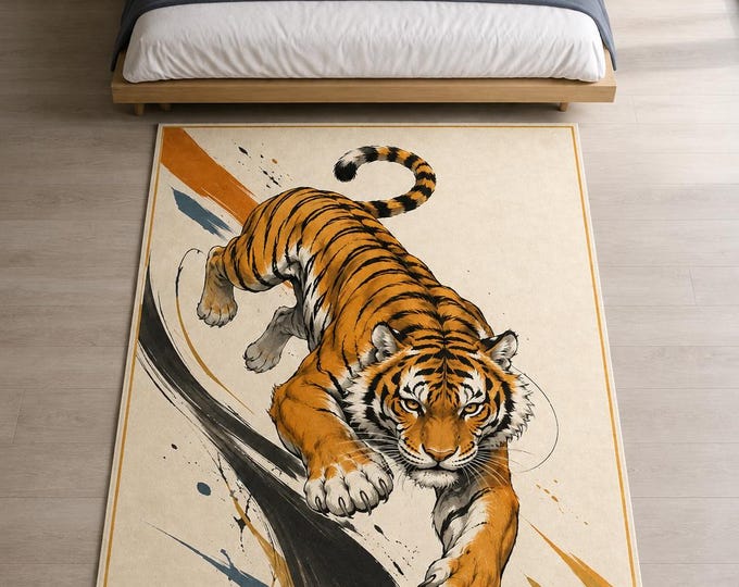 Japanese Tiger Rug, Ink Art Carpet, Rectangular Bedroom Decor, Digital Print, Orange Black Cream