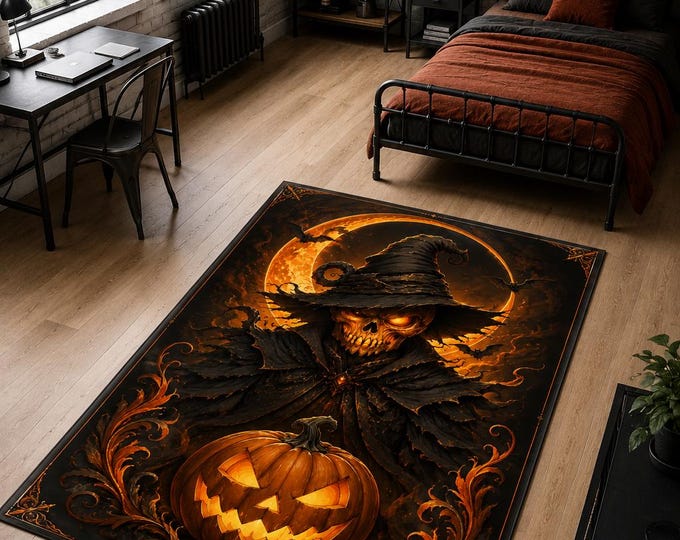 Skeleton Witch Rug, Fiery Scarecrow Pumpkin Carpet for Gaming Room Halloween Home Decor Gift