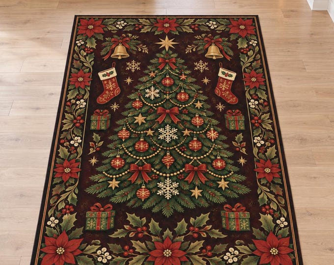 Traditional Christmas Tree Rug with Bells and Stockings, Digitally Printed Festive Living Room Decor