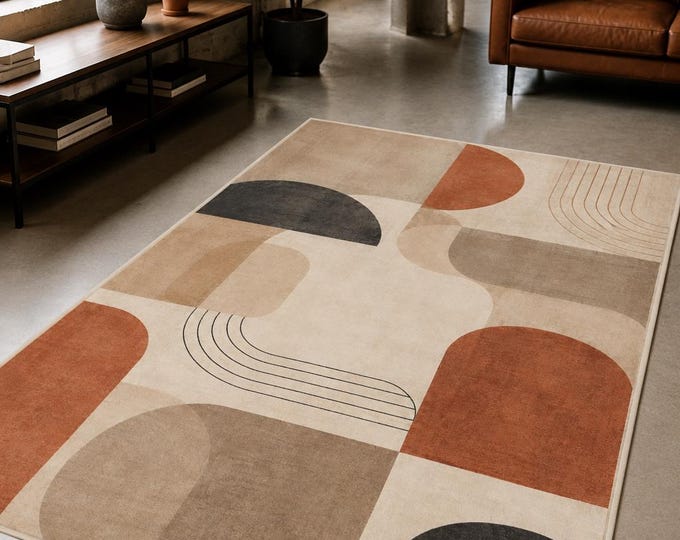 Abstract Geometric Rug – Mid-Century Modern Microfiber Carpet, Neutral Area Rug