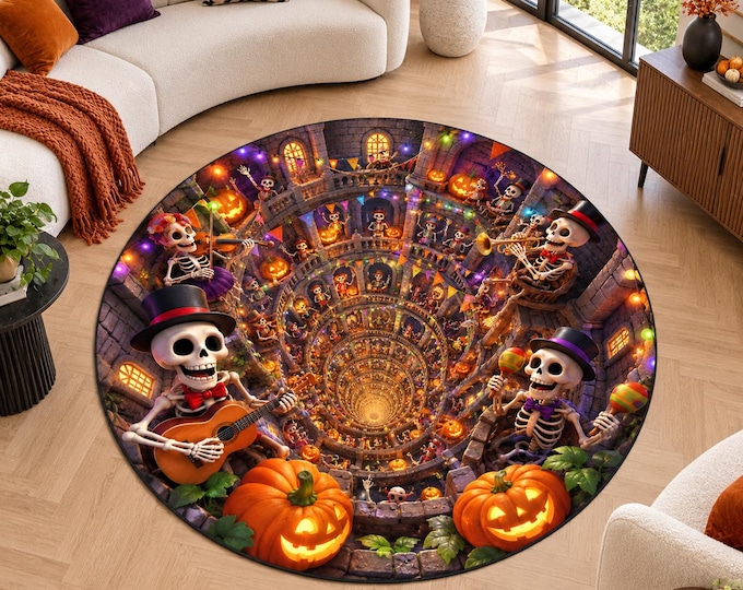 Skeleton Music Rug, Round Digitally Printed Carpet, Festive Tunnel with Instruments and Pumpkins