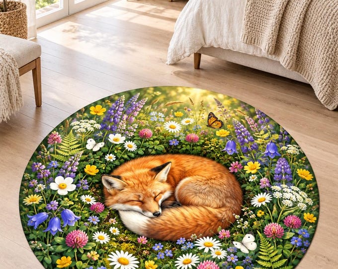 Sleeping Fox Rug, Washable Round Area Carpet, Colorful Printed Floor Decor for Home and Bedroom