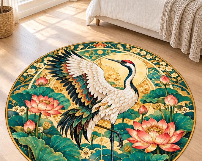 Crane Lotus Rug, Washable Round Area Carpet, Colorful Printed Floor Decor for Home and Bedroom