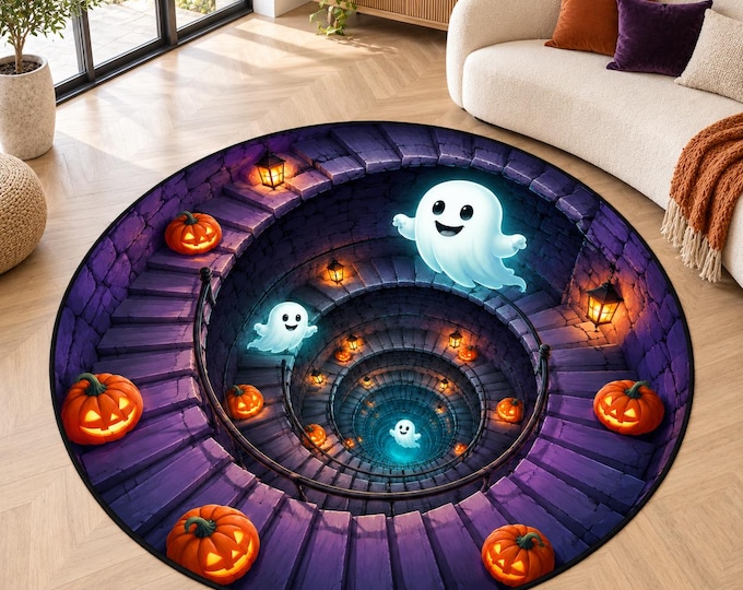 Ghost Staircase Rug, Round Digitally Printed Carpet, Cute Spirits and Purple Spiral Steps