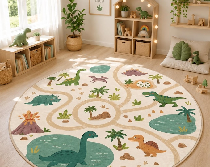 Dinosaur Play Rug, Round Nursery Carpet with Winding Paths, Palm Trees and Volcano Scene
