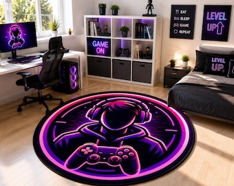 Video Game Rug, Round Floor Carpet, Neon Controller, Bedroom Decor, Teen Gift, Modern Style