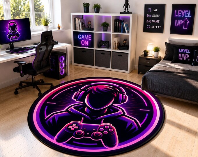 Video Game Rug, Round Floor Carpet, Neon Controller, Bedroom Decor, Teen Gift, Modern Style