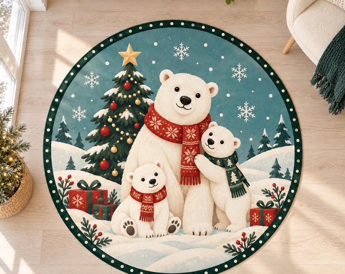 Polar Bear Rug, Round Teal Digital Print with Cub Family for Festive Living Rooms