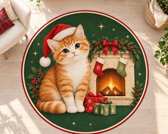 Christmas Cat Rug, Round Green Digital Print with Cozy Fireplace for Festive Living Rooms