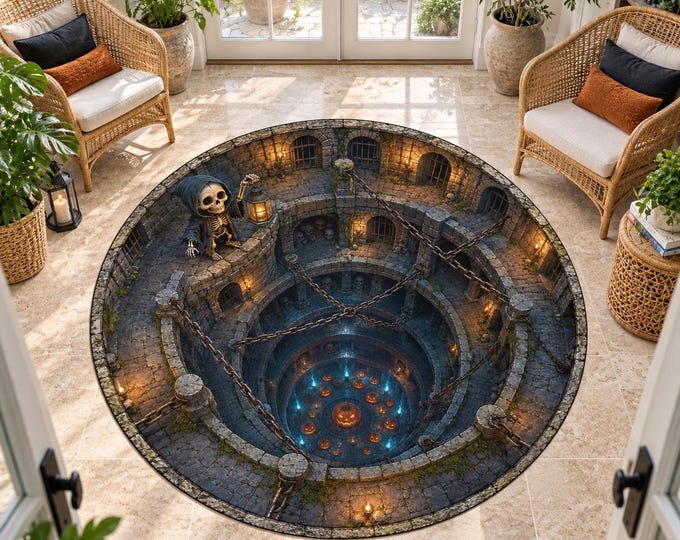 Dungeon Skeleton Rug, Round Digitally Printed Carpet, Stone Well with Chains and Lanterns