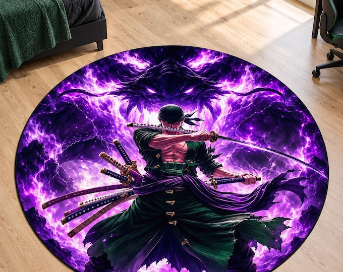 Purple Spirit Swordsman Dragon Samurai Rug, Gaming Room Carpet, Teen Bedroom Floor Decor