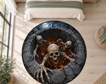 Graveyard Skull Rug, Round Digitally Printed Carpet, Moonlit Well with Climbing Skeletons