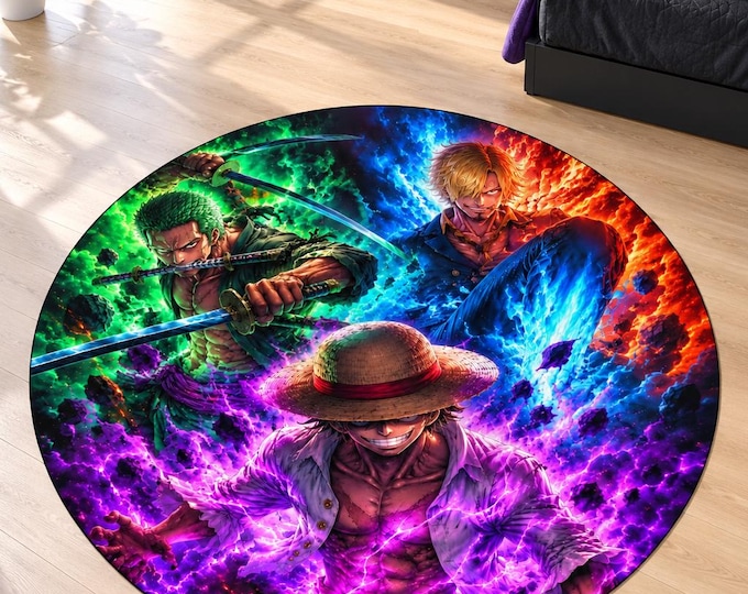 Anime Heroes Rug, Three Power Warriors, Washable Gaming Room Carpet, Colorful Teen Bedroom Floor Decor