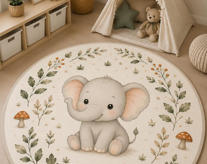 Round Elephant Nursery Rug, Woodland Baby Playroom Carpet, Neutral Decor
