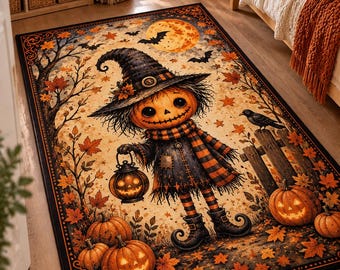 Halloween Scarecrow Rug, Cute Pumpkin Witch, Vintage Autumn Moon, Cozy Fall Nursery Bedroom Decor