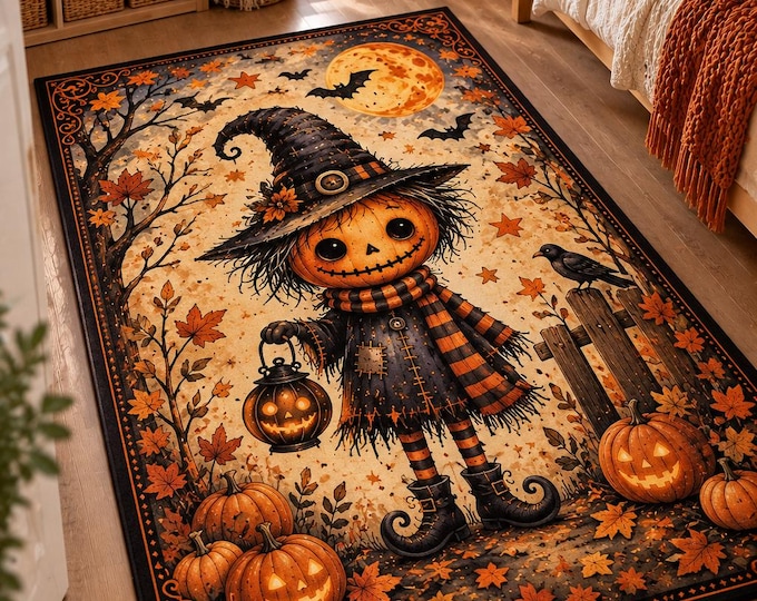 Halloween Scarecrow Rug, Cute Pumpkin Witch, Vintage Autumn Moon, Cozy Fall Nursery Bedroom Decor