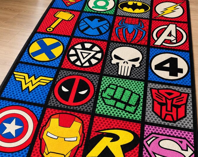 Superhero Symbol Rug, Digital Print Rectangular Carpet, Retro Comic Style, Colorful Gaming Room Decor