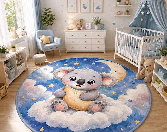 Koala Moon Nursery Rug, Round Kids Carpet, Celestial Baby Room Decor Mat