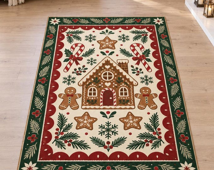Gingerbread House Christmas Rug with Candy Cane Details, Digitally Printed Festive Living Room Decor