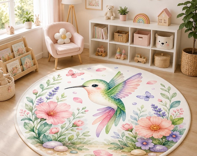 Hummingbird Nursery Rug, Round Floral Bird Rug, Pastel Kids Room Decor, Butterfly Garden Carpet