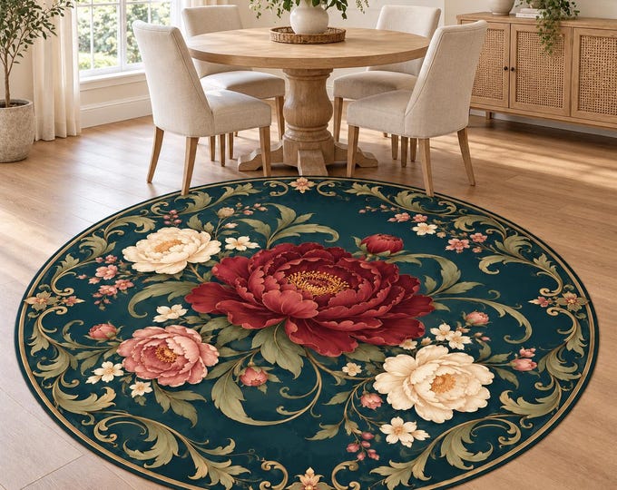 Vintage Teal Burgundy Roses Round Rug, Digital Print, Living Room Decor, Decorative Floor Accent