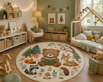 Woodland Animal Rug, Washable Round Nursery Carpet, Bear Fox Forest Decor for Kids Playroom