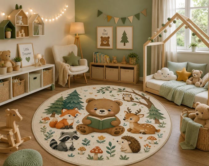 Woodland Animal Rug, Washable Round Nursery Carpet, Bear Fox Forest Decor for Kids Playroom