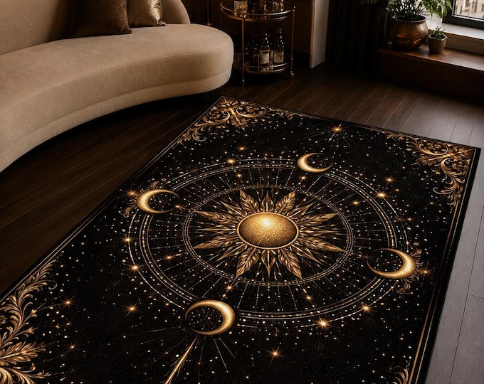 Celestial Sun Moon Stars Rug – Black Gold Astrology Carpet, Mystical Floor Mat (Digital Print)