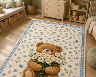Teddy Bear Daisy Bouquet Rug, Children's Room Decor, Microfiber Polyester Floral Kids Rug