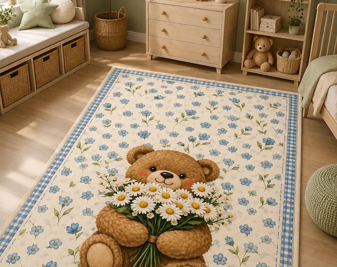 Teddy Bear Daisy Bouquet Rug, Children's Room Decor, Microfiber Polyester Floral Kids Rug