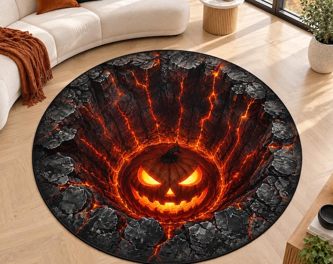 Lava Pumpkin Rug, Round Digitally Printed Carpet, Fiery Crater with Cracked Black Rock