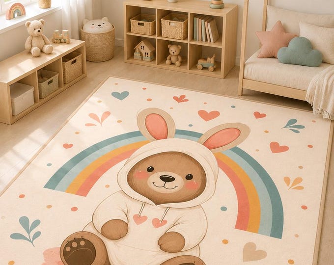 Bear Bunny Rainbow Rug, Pastel Nursery Carpet, Playroom Decor
