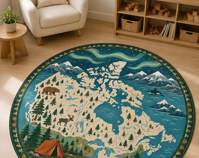 Round Canada Mountain Map Rug, Camping Nursery, Kids Adventure Play Mat, Digital Print Decor