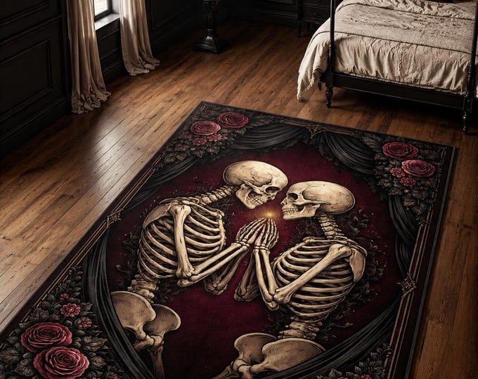 Gothic Skeleton Couple Rug, Dark Romance Rose Carpet, Victorian Bedroom Decor, Alternative Home Accent
