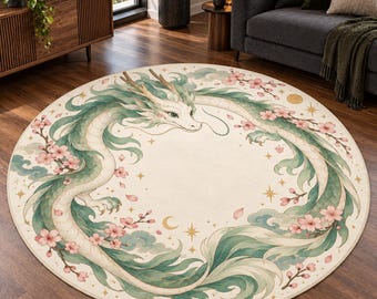 Green Dragon Blossom Wreath Round Rug, Digital Print, Living Room Decor, Decorative Floor Accent