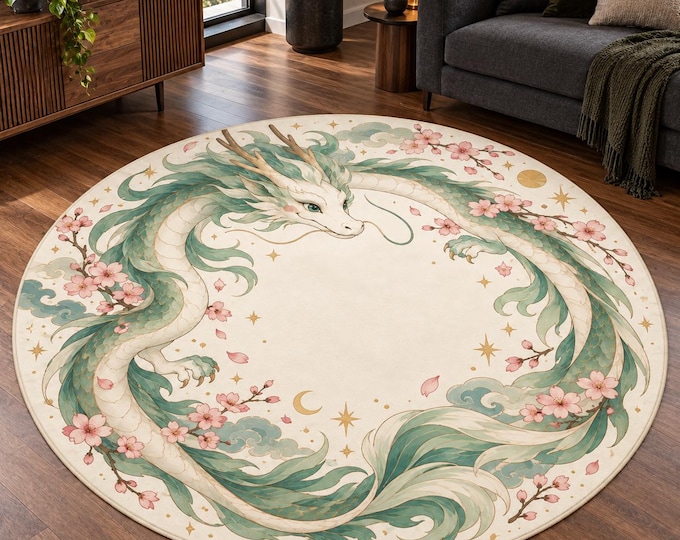 Green Dragon Blossom Wreath Round Rug, Digital Print, Living Room Decor, Decorative Floor Accent