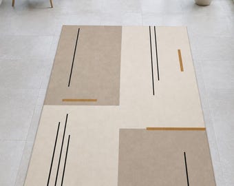 Modern Geometric Area Rug, Beige Cream Black Lines, Living Room Floor Decor
