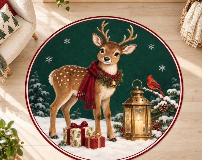 Reindeer Rug, Round Forest Green Digital Print with Brass Lantern for Festive Living Rooms