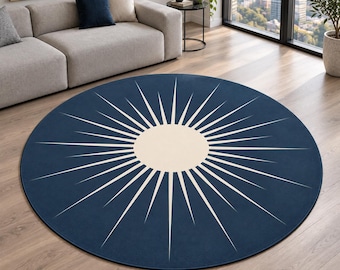 Navy Blue Rug, Round Sunburst Design, Digitally Printed Modern Area Carpet for Living Room