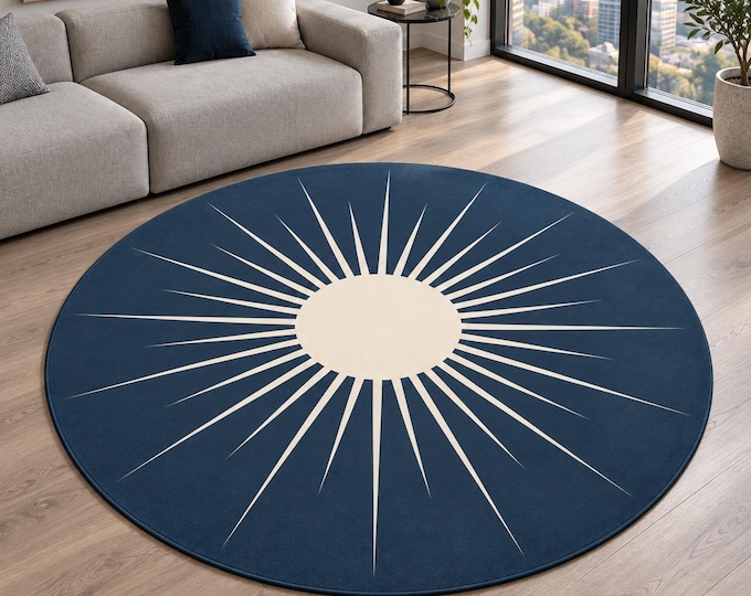 Navy Blue Rug, Round Sunburst Design, Digitally Printed Modern Area Carpet for Living Room