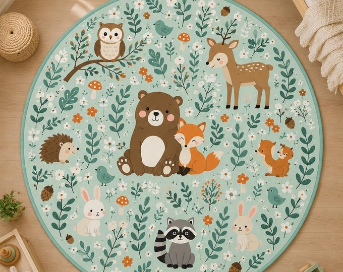 Woodland Animal Rug, Mint Green Nursery, Round Playroom Carpet, Bear Fox Decor, Digital Print