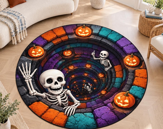 Skeleton Tunnel Rug, Round Digitally Printed Carpet, Colorful Brick Spiral with Orange Pumpkins