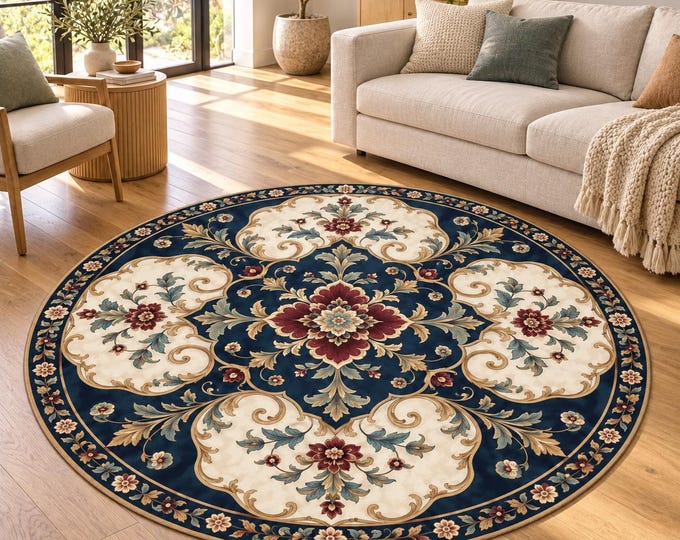 Navy Cream Medallion Round Rug, Burgundy Flowers, Gold Scrolls, Digital Print Living Room Decor