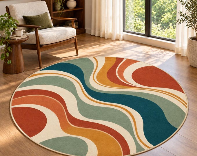 Round Abstract Rug, Retro Wavy Carpet, Mid Century Modern Decor, Colorful Living Room Accent