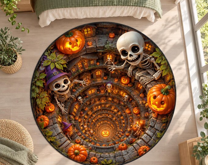 Cute Skeleton Rug, Round Digitally Printed Carpet, Pumpkin Village Tunnel with Witch Hats