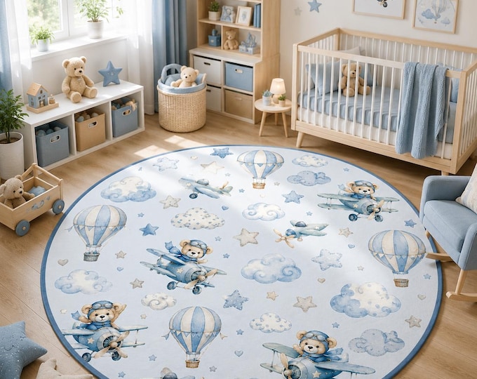Round Pilot Bear Rug, Watercolor Airplanes, Hot Air Balloons, Nursery Decor (Digital)